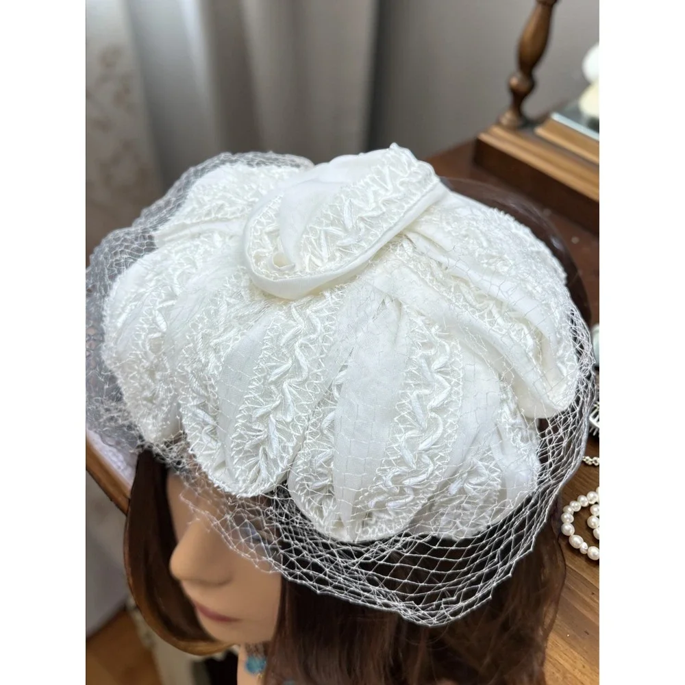 Vintage White Bridal Pillbox Hat with Birdcage Veil Rose Detail - Picture 4 of 11